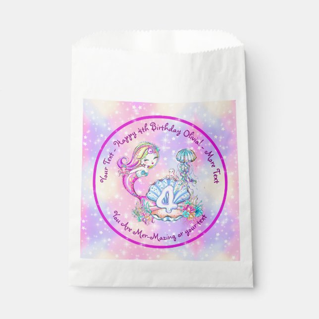 Mermaid 4th Birthday Change Edit Text Personalize Favor Bag (Front)