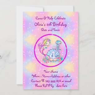 Mermaid 4th Birthday Change Edit Text Personalize Invitation