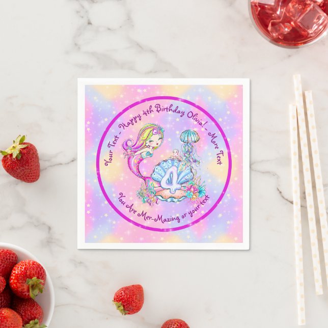 Mermaid 4th Birthday Change Edit Text Personalize  Napkins (Insitu)