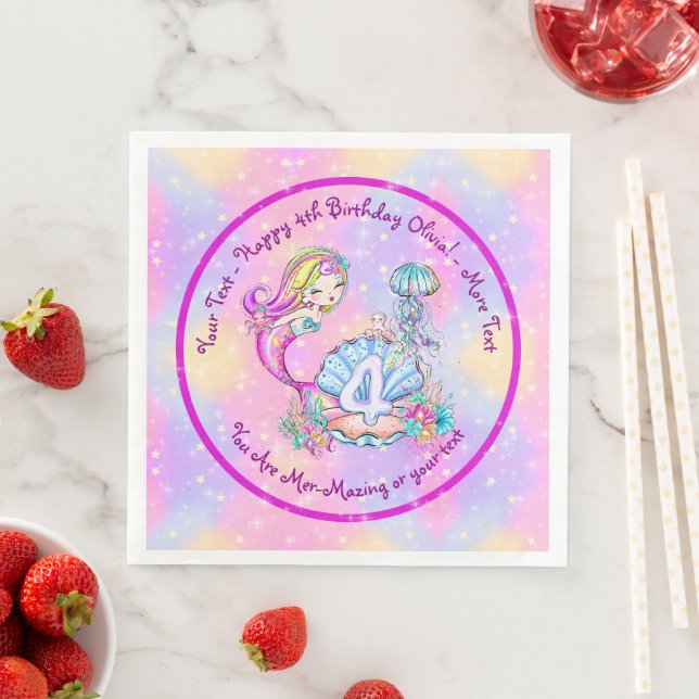 Mermaid 4th Birthday Change Edit Text Personalize  Paper Dinner Napkins (Insitu)
