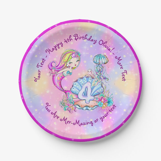 Mermaid 4th Birthday Change Edit Text Personalize  Paper Plates (Front)