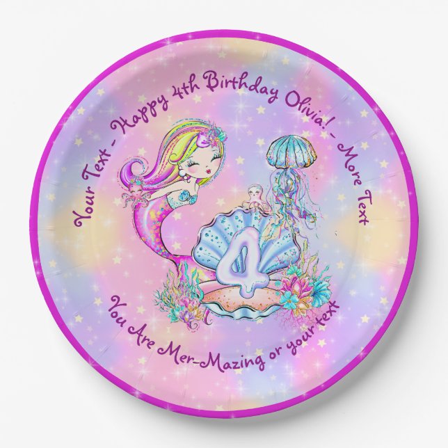 Mermaid 4th Birthday Change Edit Text Personalize  Paper Plates (Front)