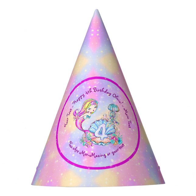 Mermaid 4th Birthday Change Edit Text Personalize  Party Hat (Front)