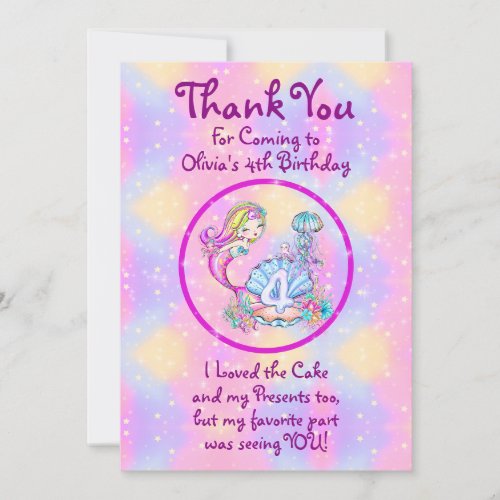 Mermaid 4th Birthday Change Edit Text Personalize Thank You Card