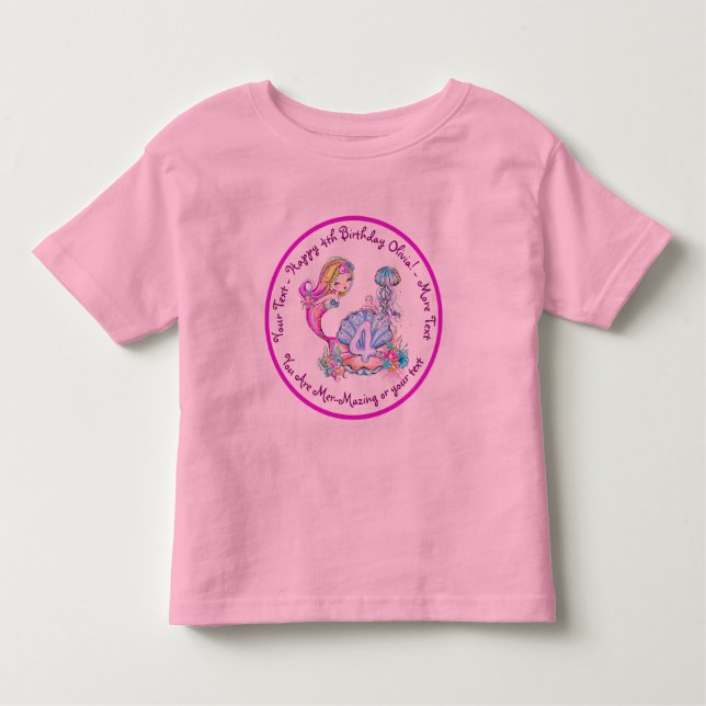 Mermaid 4th Birthday Change Edit Text Personalize Toddler T-shirt (Front)