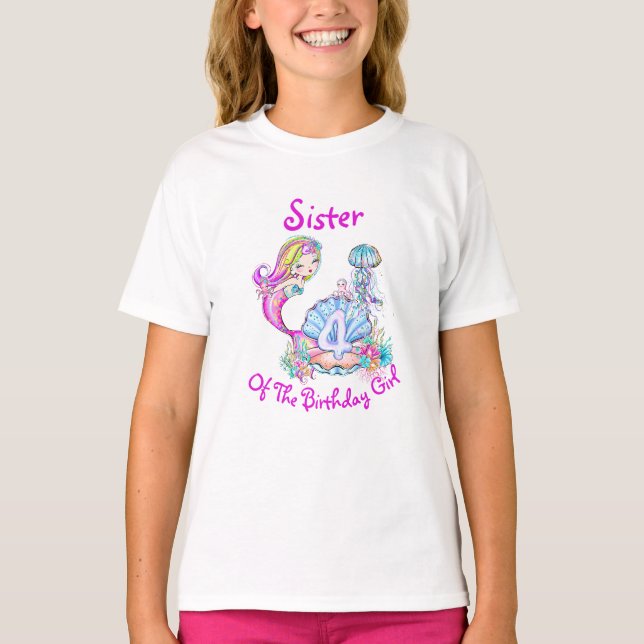 Mermaid 4th Birthday Edit Change Name Text Sister T-Shirt (Front)