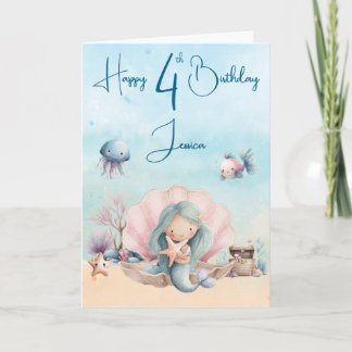 Mermaid 4th Birthday Folded Greeting Card