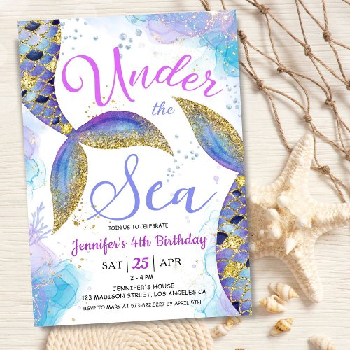 Mermaid 4th Birthday Girl Pink Gold Under the Sea  Invitation