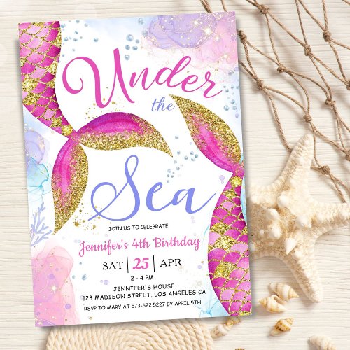 Mermaid 4th Birthday Girl Pink Under the Sea Invitation