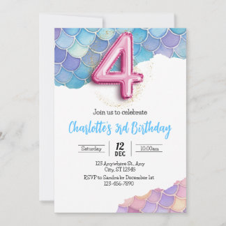Mermaid 4th Birthday Invitation