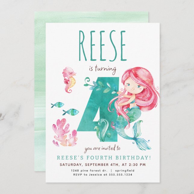 Mermaid 4th Birthday Invitation (Front/Back)