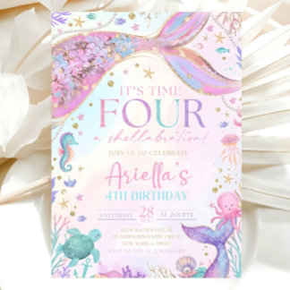 Mermaid 4th Birthday Invitation, Mermaid Four Invi Invitation