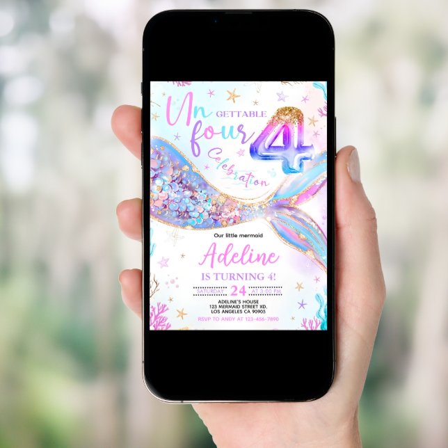 Mermaid 4th Birthday Invitation Un FOUR Gettable (Front Digital)