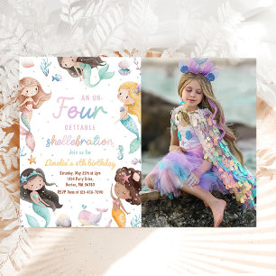 Mermaid 4th Birthday,Mermaid Four Photo Invitation
