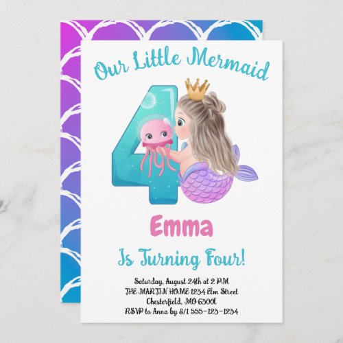 Mermaid 4th Birthday Party Invitation