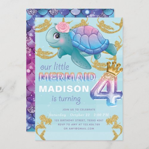 Mermaid 4th Birthday Pink Blue Gold Glitter Invitation