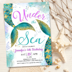 Mermaid 4th Birthday Purple Teal Under the Sea Invitation