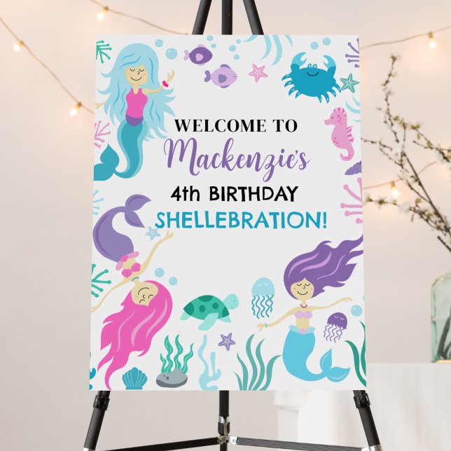 Mermaid 4th Birthday Shellebration Party Sign (Mermaid Birthday Sign)