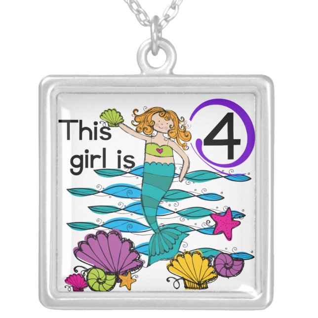 Mermaid 4th Birthday Tshirts and Gifts Silver Plated Necklace (Front)