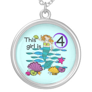 Mermaid 4th Birthday Tshirts and Gifts Silver Plated Necklace