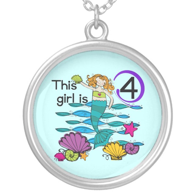 Mermaid 4th Birthday Tshirts and Gifts Silver Plated Necklace (Front)