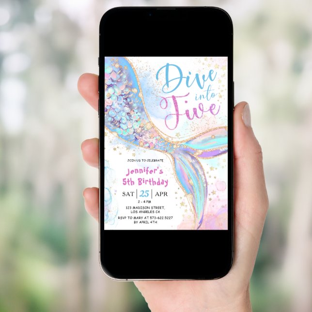 Mermaid 5th Birthday Dive Into Five Girl Party Invitation (Front Digital)