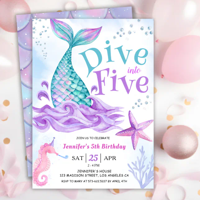 Mermaid 5th Birthday Dive into Five Invitation | Zazzle