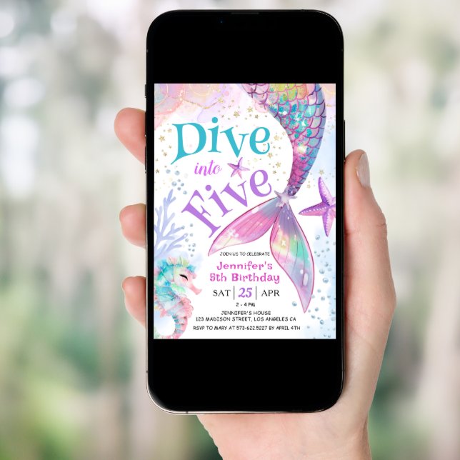 Mermaid 5th Birthday Dive into Five Invitation (Front Digital)