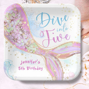 Mermaid 5th Birthday Dive into Five Purple Paper Plates