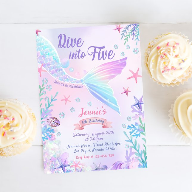 Mermaid 5th Birthday Dive To Five Party Invitation (Creator Uploaded)