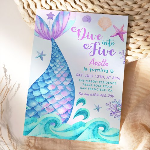 Mermaid 5th Birthday Dive To Five Party Invitation