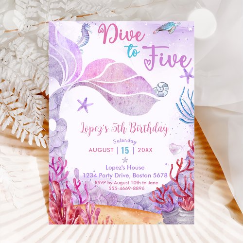 Mermaid 5th Birthday Dive To Five Party  Invitation