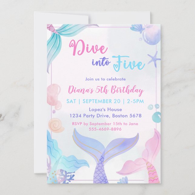 Mermaid 5th Birthday Dive To Five Party Invitation (Front)