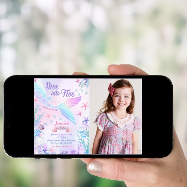 Mermaid 5th Birthday Dive To Five Party Photo Invitation (Front Digital)
