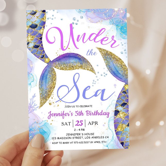 Mermaid 5th Birthday Girl Pink Gold Under the Sea  Invitation (Creator Uploaded)