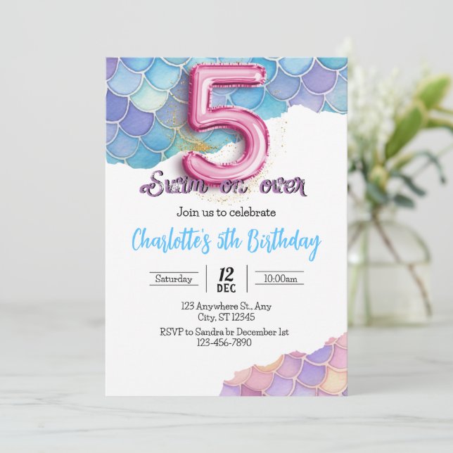 Mermaid 5th Birthday Invitation (Standing Front)