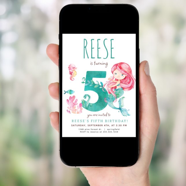 Mermaid 5th Birthday Invitation (Front Digital)