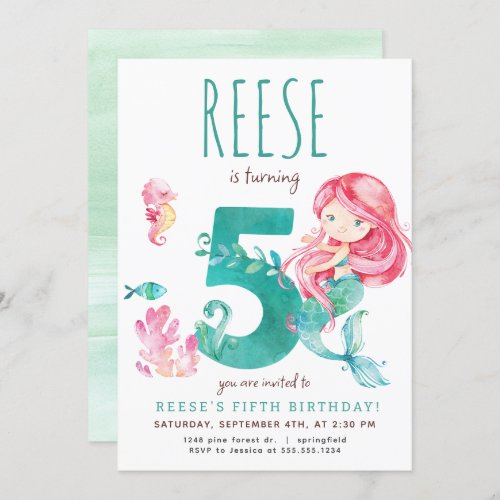 Mermaid 5th Birthday Invitation