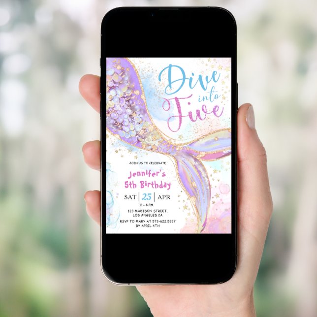 Mermaid 5th Birthday Party Dive Into Five Purple Invitation (Front Digital)