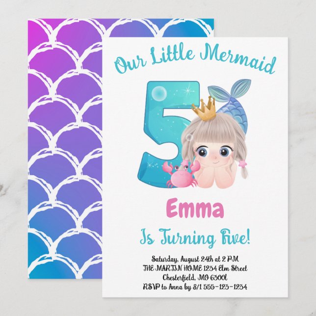 Mermaid 5th Birthday Party Invitation (Front/Back)