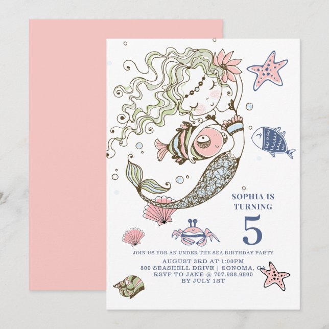 Mermaid 5th Birthday Party Invitation (Front/Back)