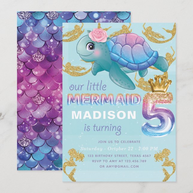 Mermaid 5th Birthday Pink Blue Gold Glitter Invitation (Front/Back)