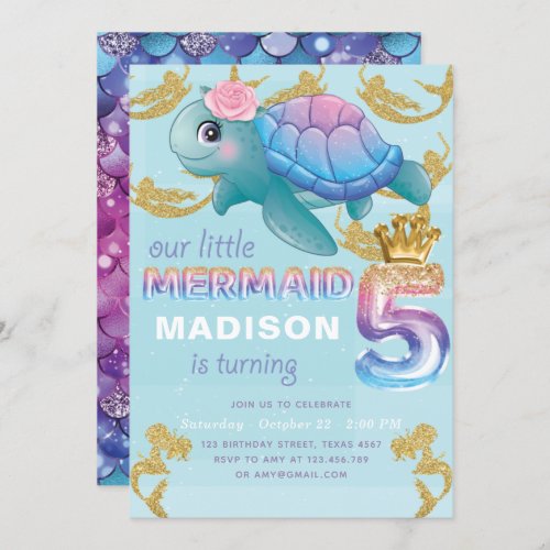 Mermaid 5th Birthday Pink Blue Gold Glitter Invitation