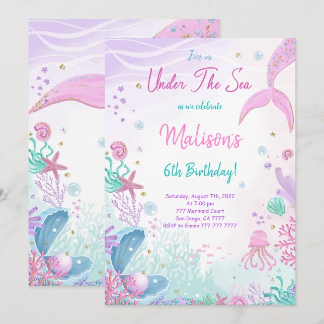 Mermaid 6th Birthday Invitation (Front/Back)