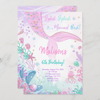 Mermaid 6th Birthday Kids Invitation
