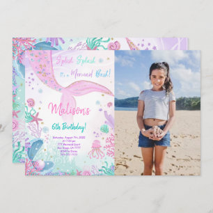 Mermaid 6th Birthday Kids Invitation With Photo