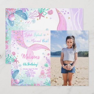 Mermaid 6th Birthday Kids Invitation With Photo