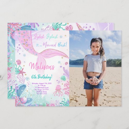 Mermaid 6th Birthday Kids Invitation With Photo