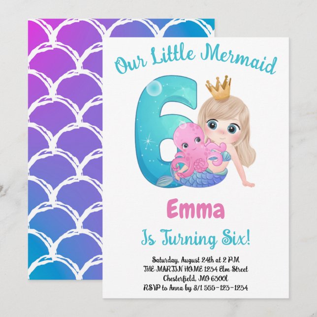 Mermaid 6th Birthday Party Invitation (Front/Back)