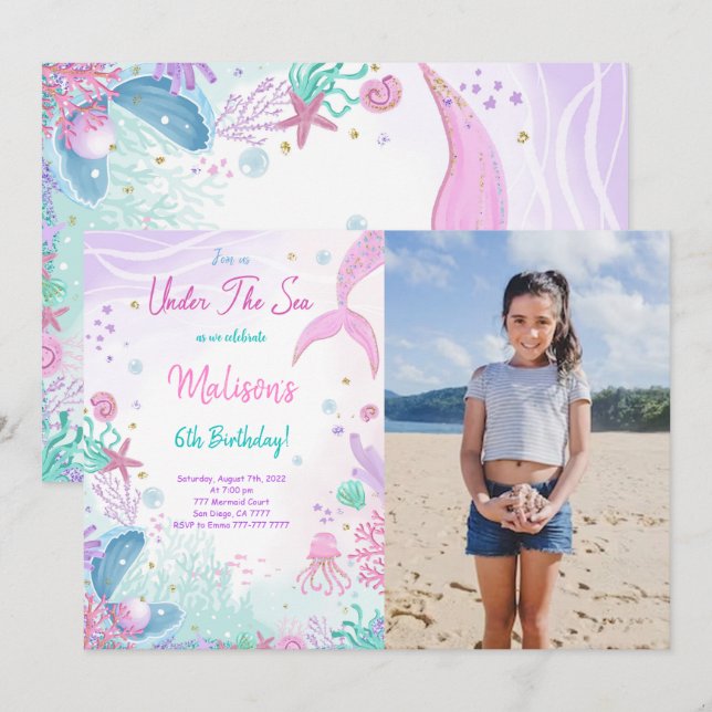 Mermaid 6th Birthday Photo Invitation (Front/Back)